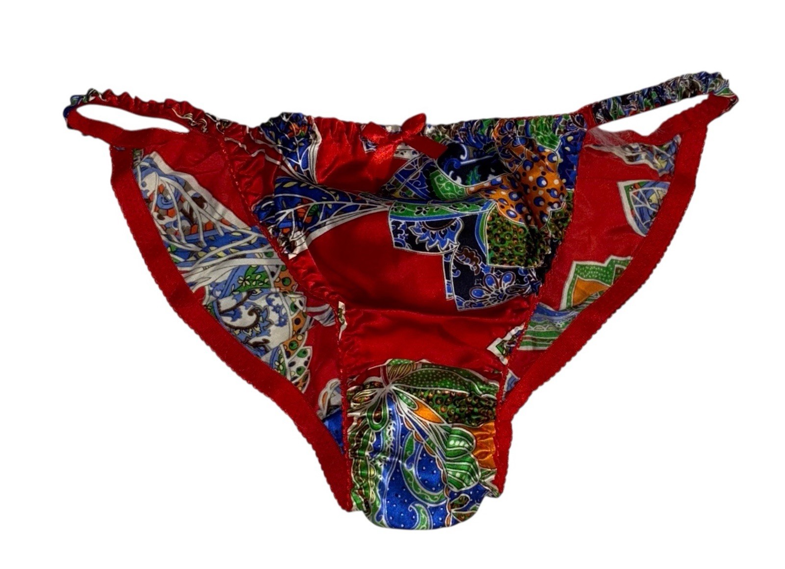 100% SILK Red Multi-Color Shiny Slippery Satin String Bikini Panties M NWOT