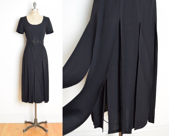 vintage 90s dress black belted carwash flap fringe midi business flapper S