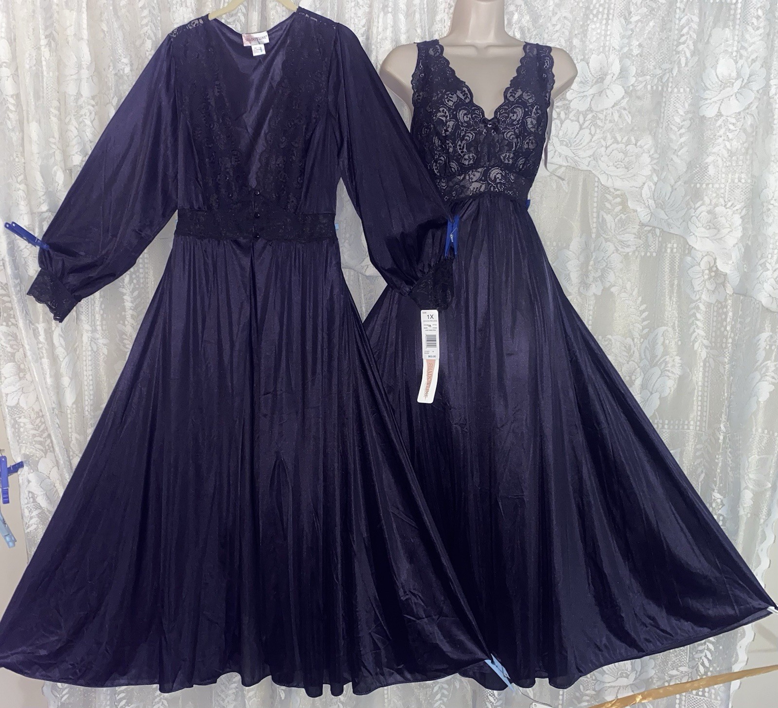VTG NWT 1X Shadowline Black SILKY Nylon Peignoir Robe Nightgown Gown olga esque