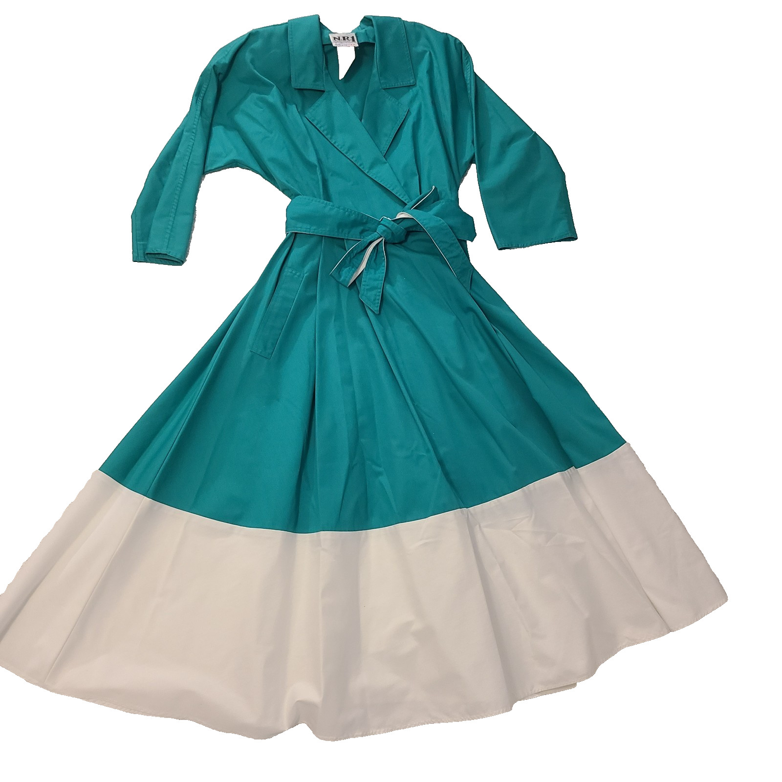 Vtg N.R.1 80s Long Sleeve Shirt Dress Retro 50s (10) Teal White Rockabilly Swing
