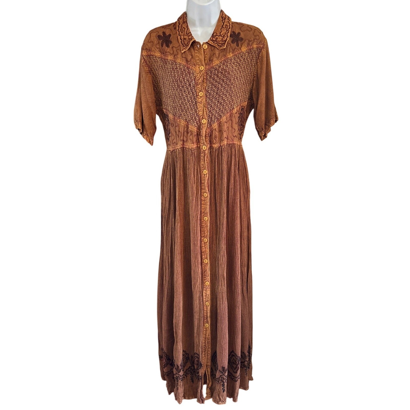 90s M.P.H. Maxi Dress Bohemian Western Earthy Brown Embroidered Button Front L
