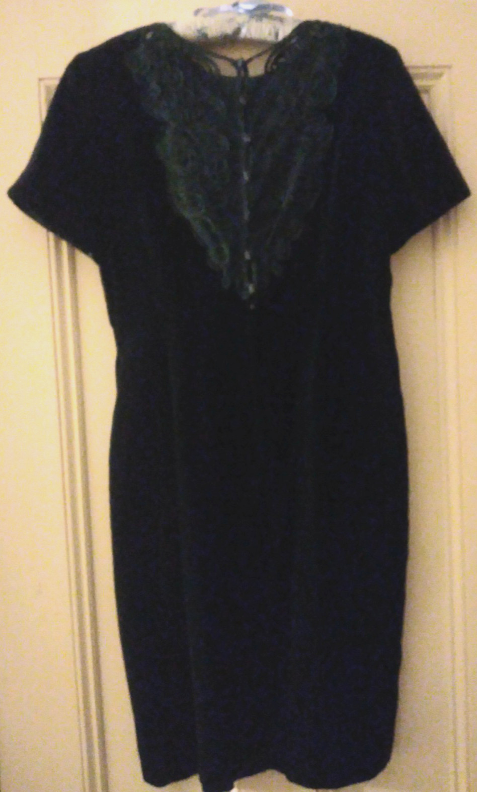 1950s Vintage Black Velvet Dress with Lace Back Wiggle Pencil S M Small Medium