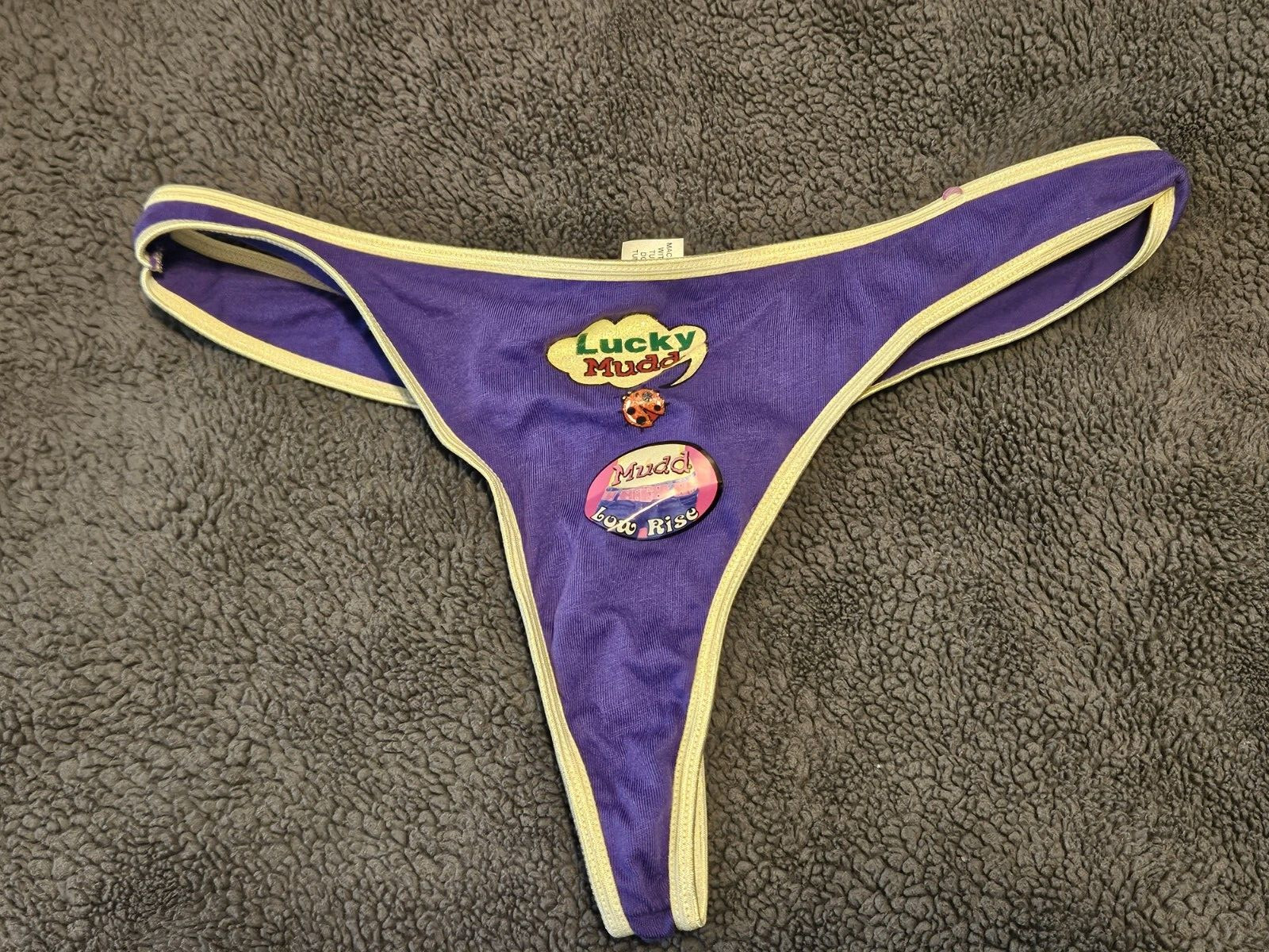 MUDD Women’s Low Rise Lucky Mudd Logo Thong Panties SMALL Purple NWT