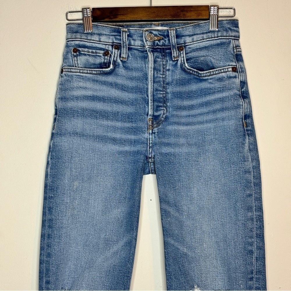RE/DONE 70s Stove Pipe High Rise Ankle Jeans in Dusk Destroy Size 25