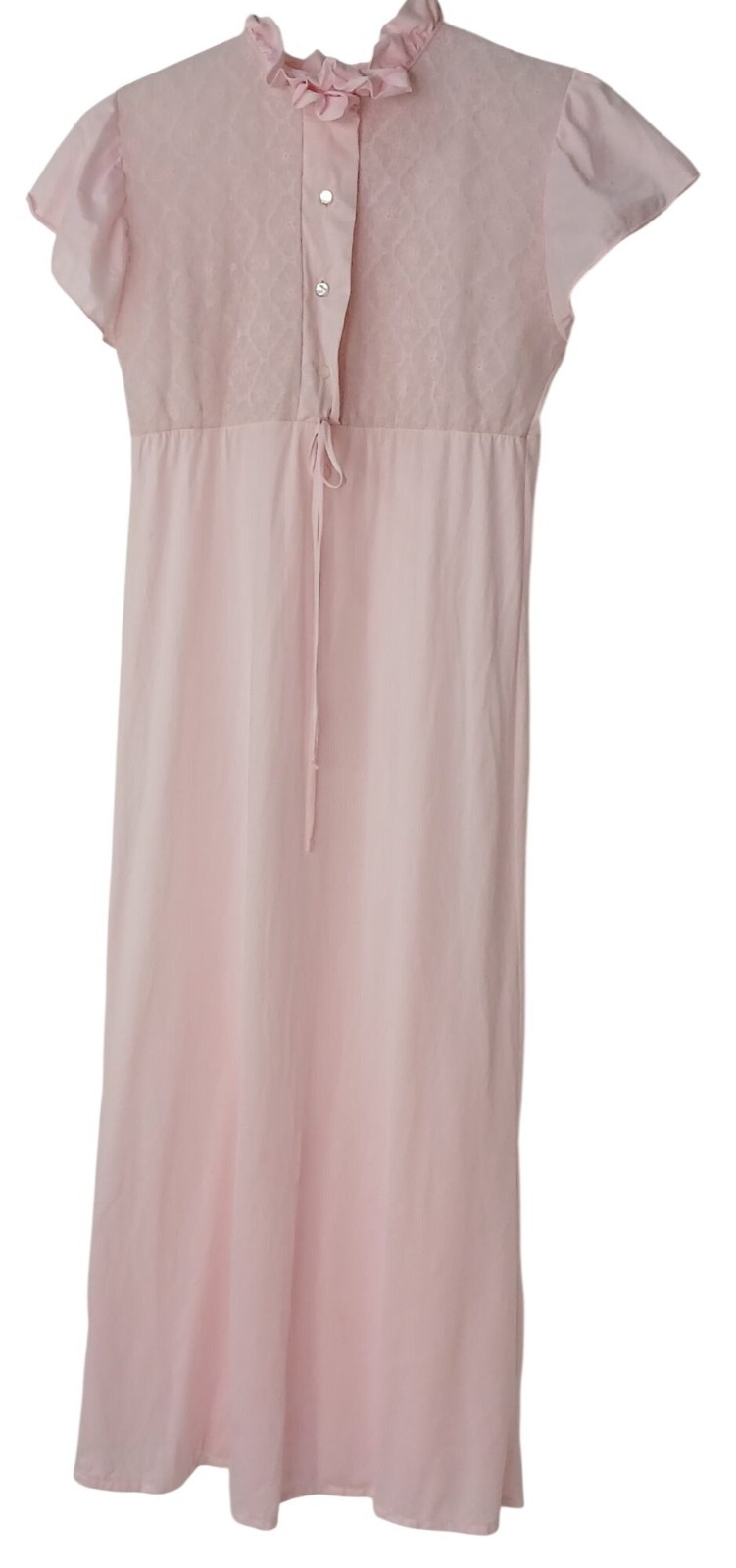 VTG Pink Nightgown Sz Small Ruffle Collar Cap Sleeves 100% Nylon Made USA #D-49