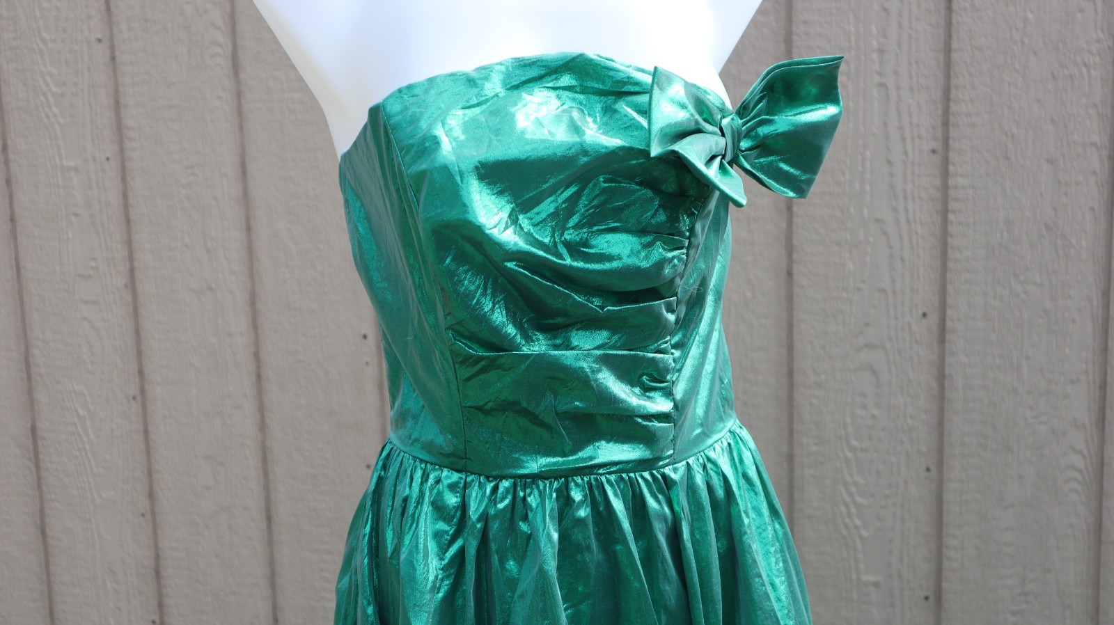 Vintage 80s 90s Green Metallic Prom Party Dress Pageant Bow Strapless Small