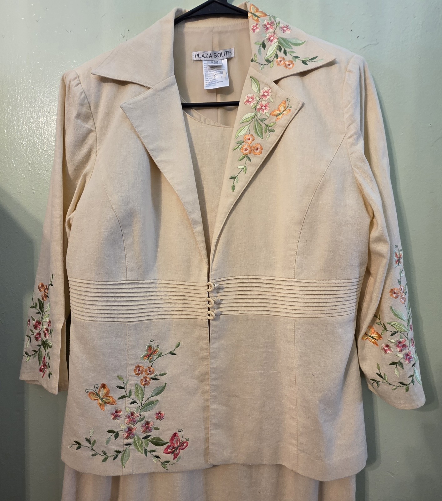 VTG Plaza South Linen Blend Set Dress & Jacket Embroidered Womans 10 Cottagecore