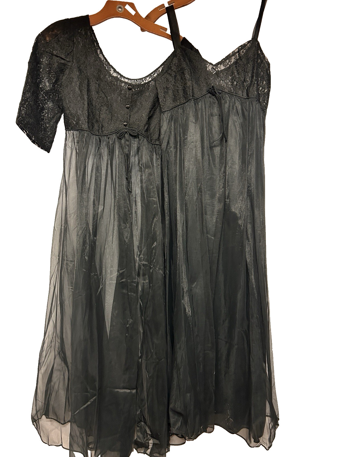 1964 VTG Lisette Women’s Size 34 (S) Black 2Pc Chiffon Peignoir Lacy Buttons