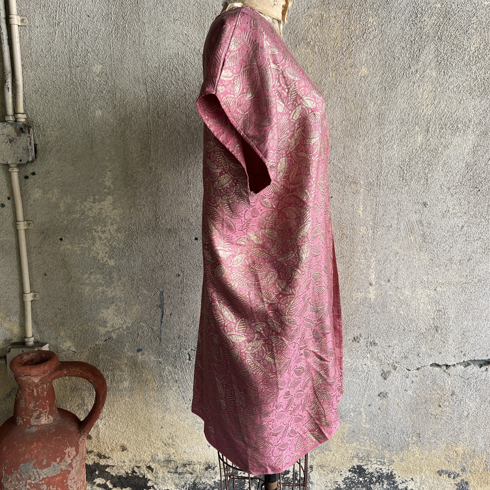 Antique 1920s Pink Silk Lamé Smock Mini Dress Blouse Fruit Design 1930s Vintage