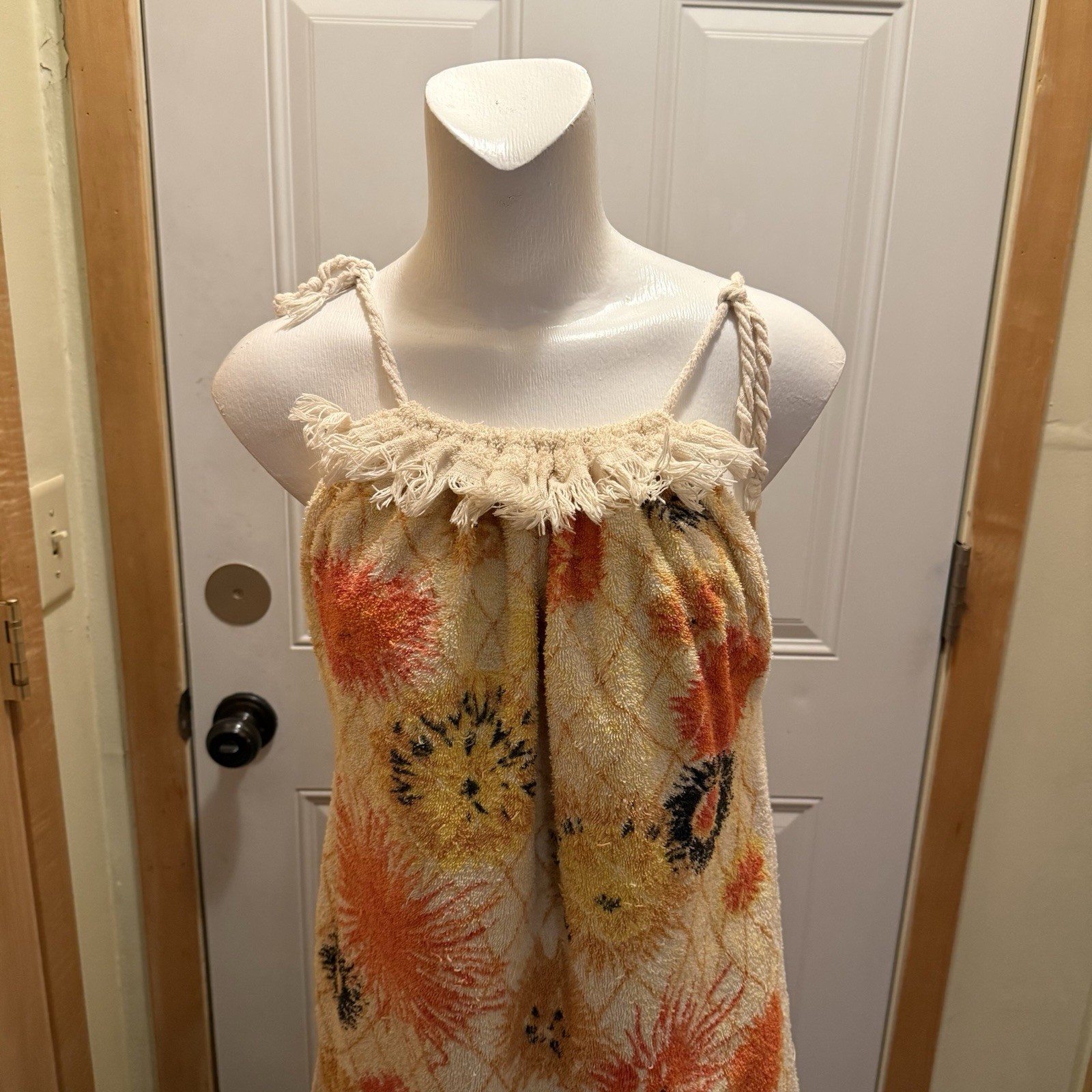Vtg Terry Cloth Towel Dress Cotton Swim Beach Cover Up Flowers Fringe S/M Cannon