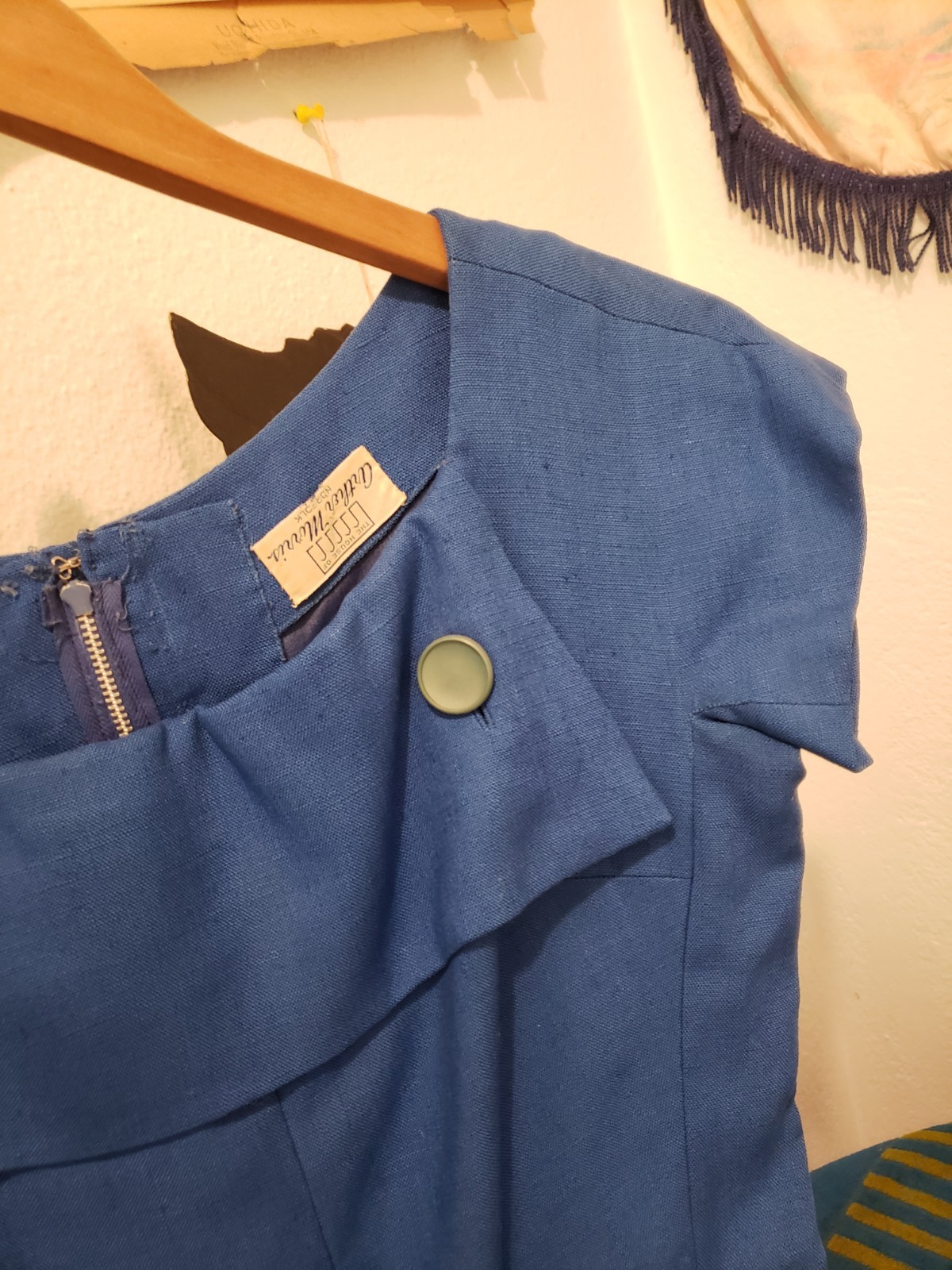 Vtg 30 40s House Of Arthur Morris Blue Heavy Linen Midi Dress Sz M Art Deco