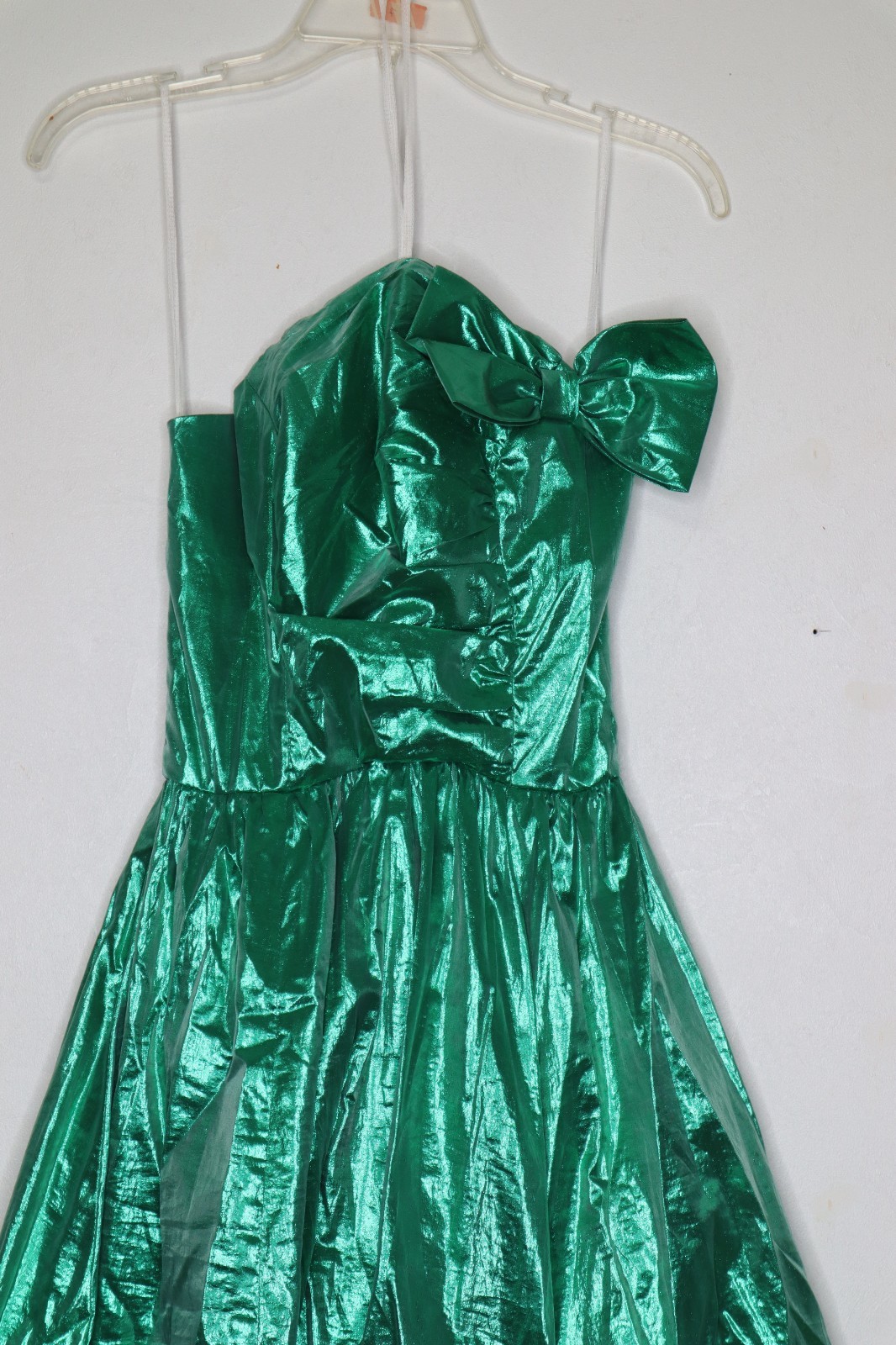 Vintage 80s 90s Green Metallic Prom Party Dress Pageant Bow Strapless Small