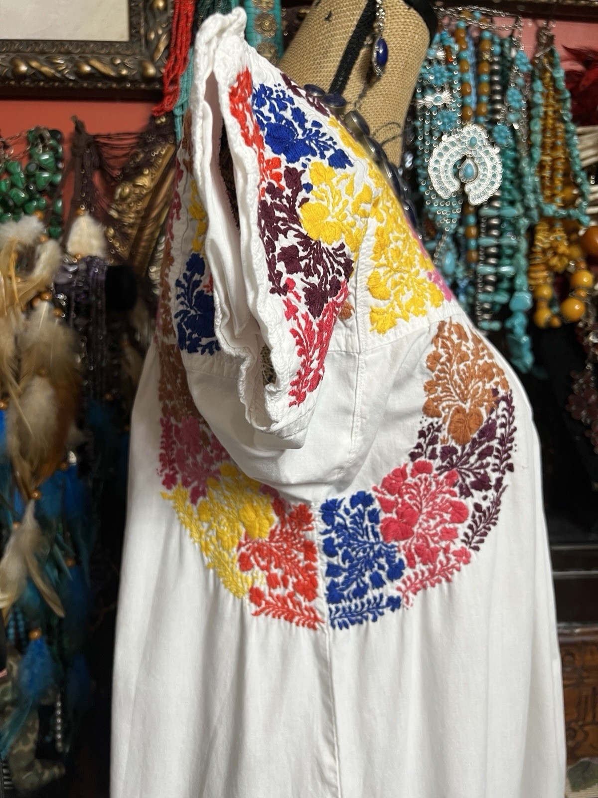 Beautiful 1970s Oaxacan White Dress Multi Color Embroidery White Crochet M