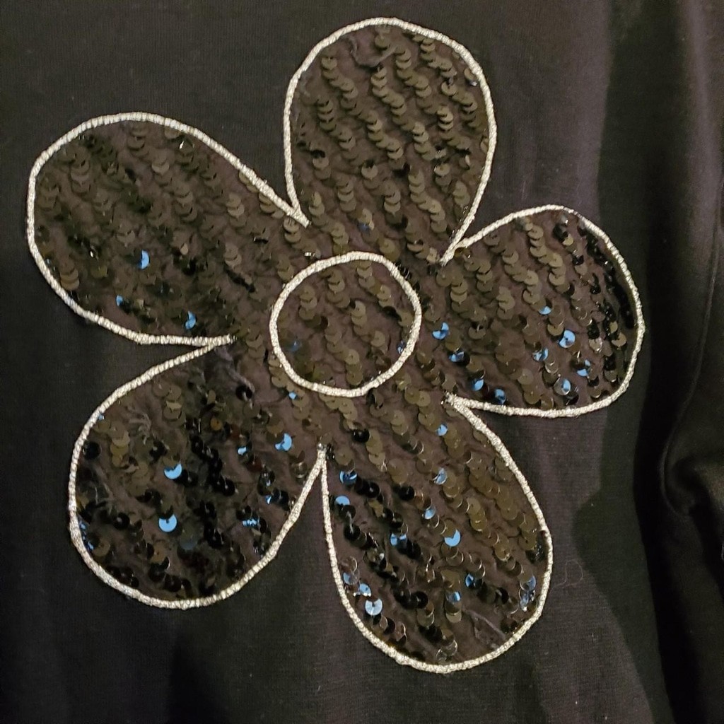 Vintage 80s Black Long Sleeve Dress with Big Silver Retro Sequin flowers