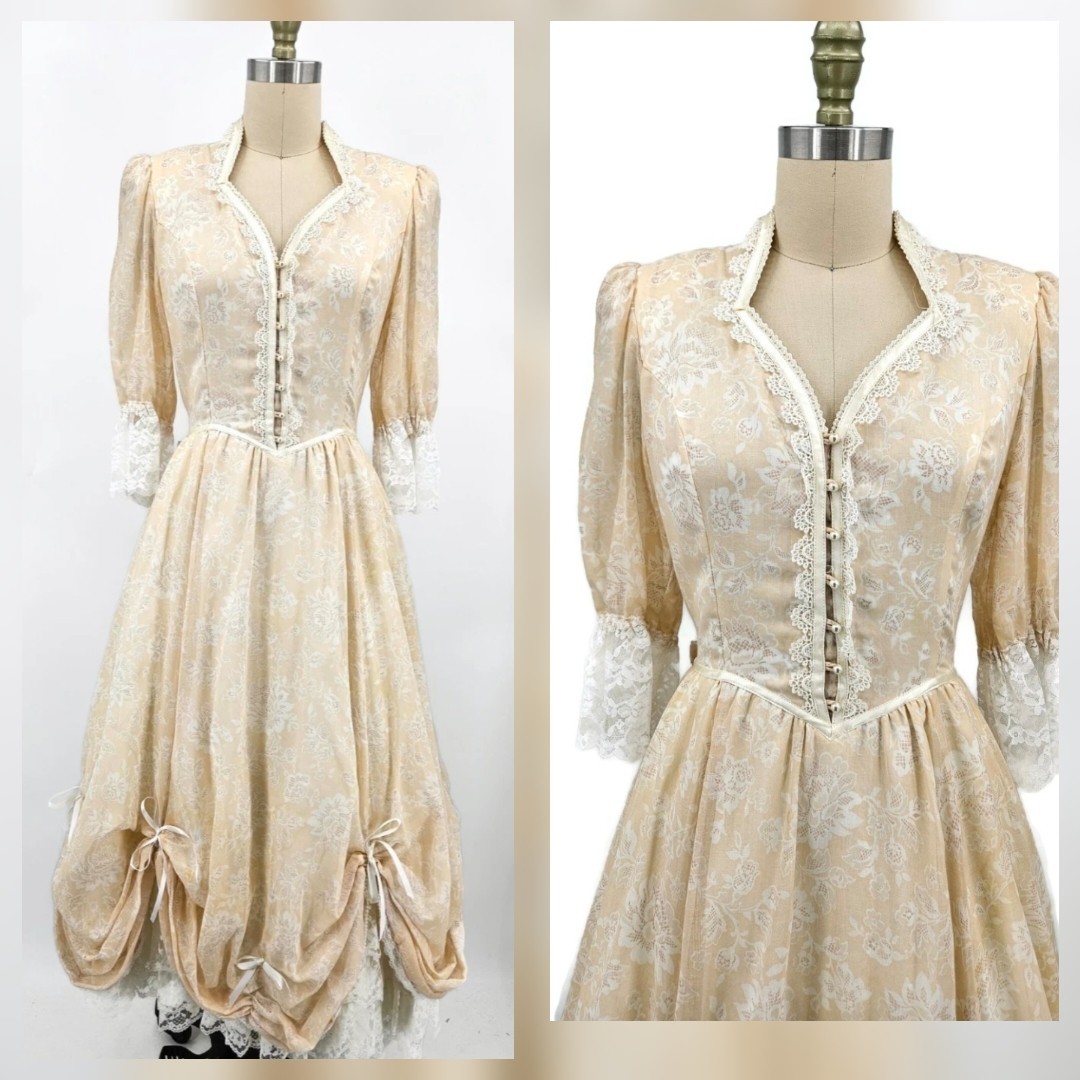 VTG Gunne Sax Peach Floral Bustle Dress Size 5/7? Renaissance Lace Petticoat