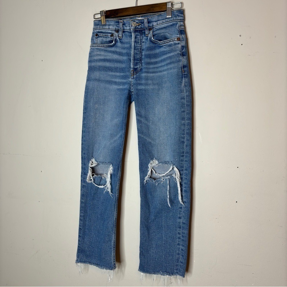 RE/DONE 70s Stove Pipe High Rise Ankle Jeans in Dusk Destroy Size 25