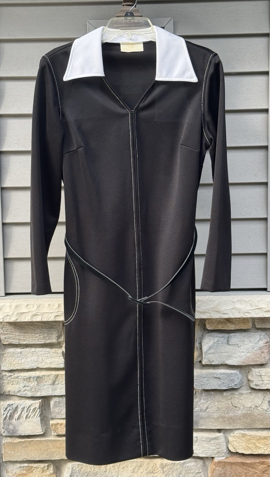 Vintage 1970’s Dress, Black w/ White Collar And White Stitching, Butterfly Tag