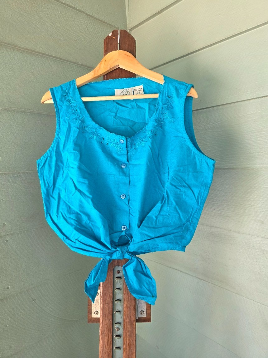 Vintage Sasson Oo La La Tie Front Tank Top Womens M Turquoise 100% Cotton Boho