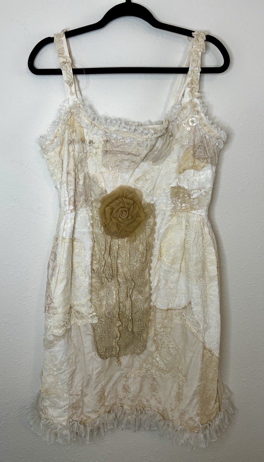 Patchwork Lace Dress Cottagecore Boho Festival Wedding Hand Sewn Size M/L