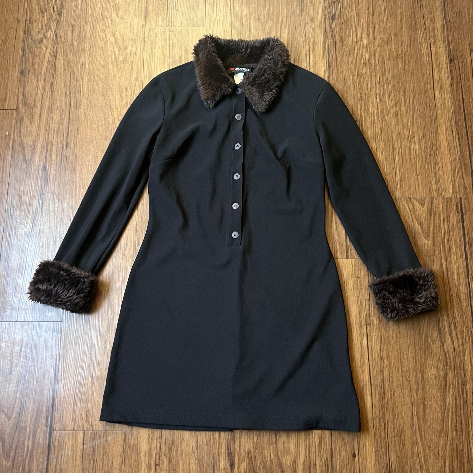 Vintage Y2K 90s Dress Large Button Front Faux Fur Collared Long Sleeve Mob Wife