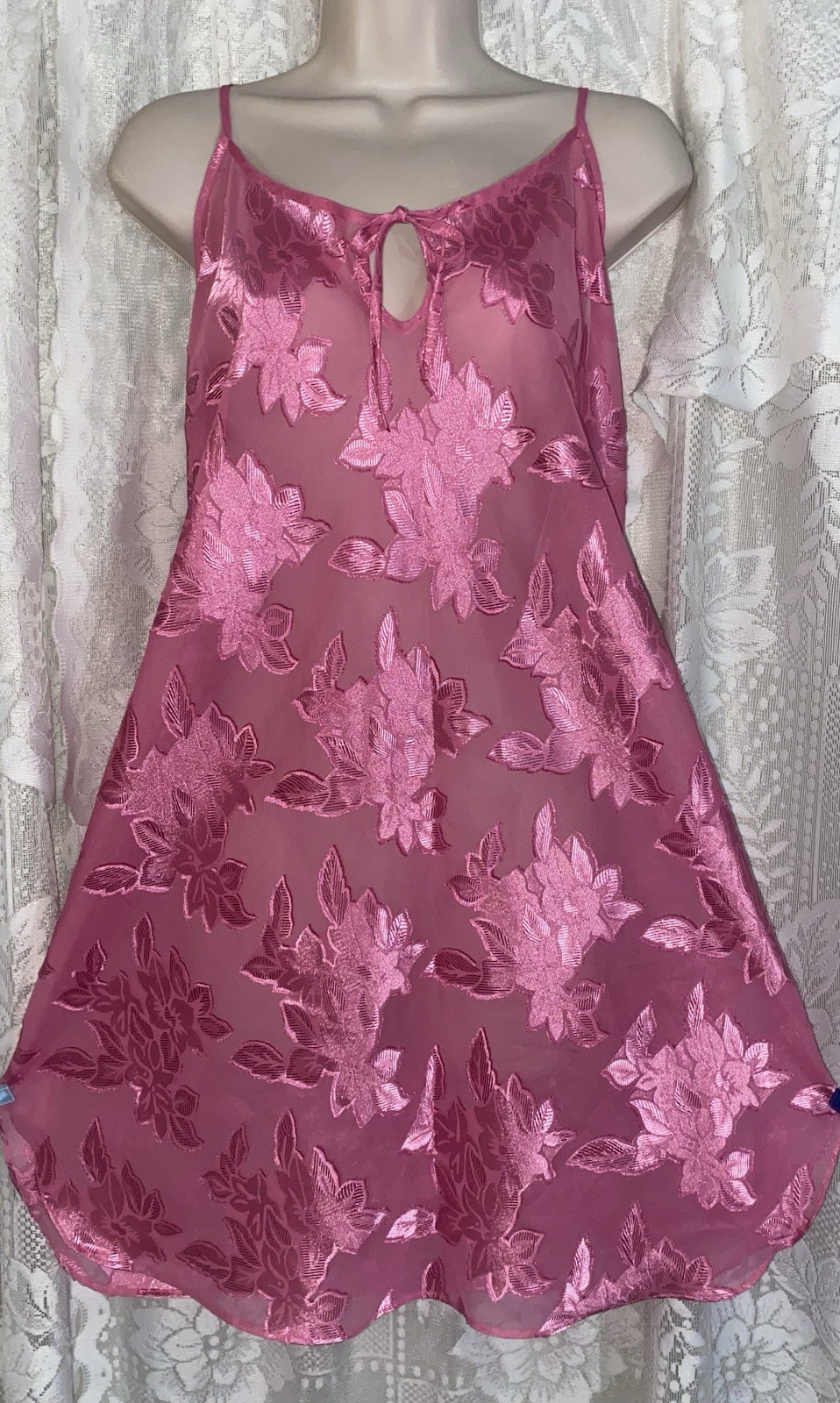 VTG 1X Rich PINK ILLUSION Floral Sheer Opaque Keyhole Babydoll NIGHTIE Nightgown
