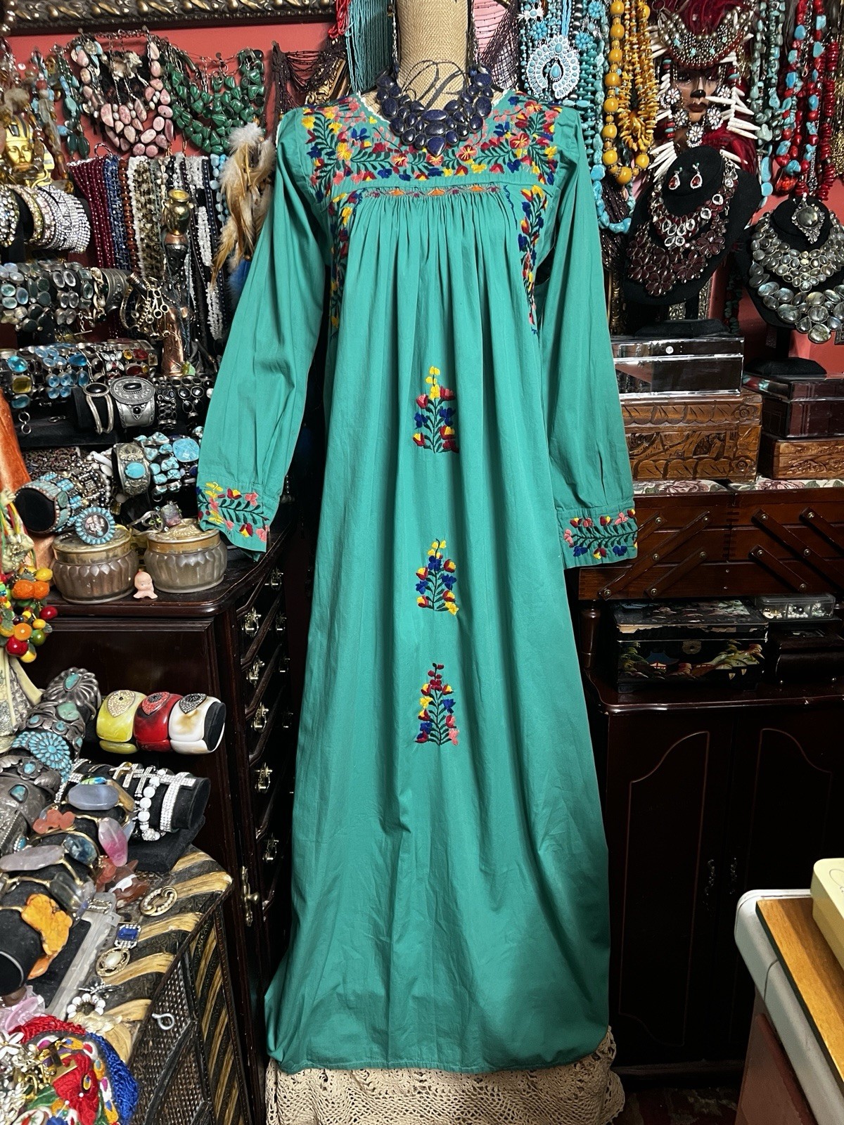 Beautiful Green Mexican Oaxaca Dress In Long Sleeve Multi Color Embroidery M/L