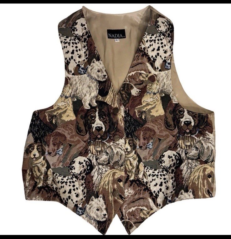 Vintage Nadia Dog Print Tapestry Vest Large Made in USA Italian Fabric 90s