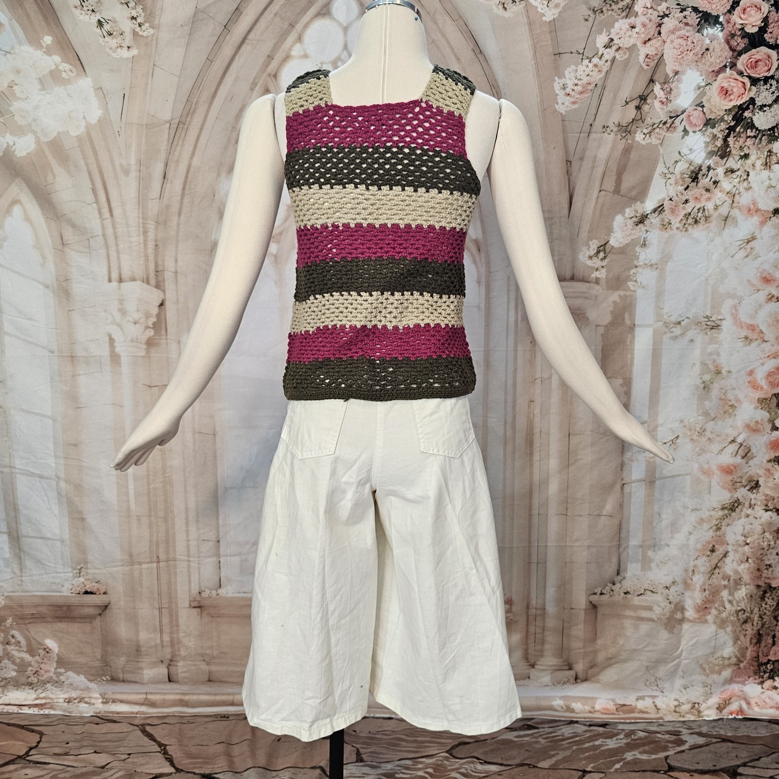 Vintage 1970s Crochet Sweater Vest Pink Brown Tan Striped Tank Top 60’s Hippie