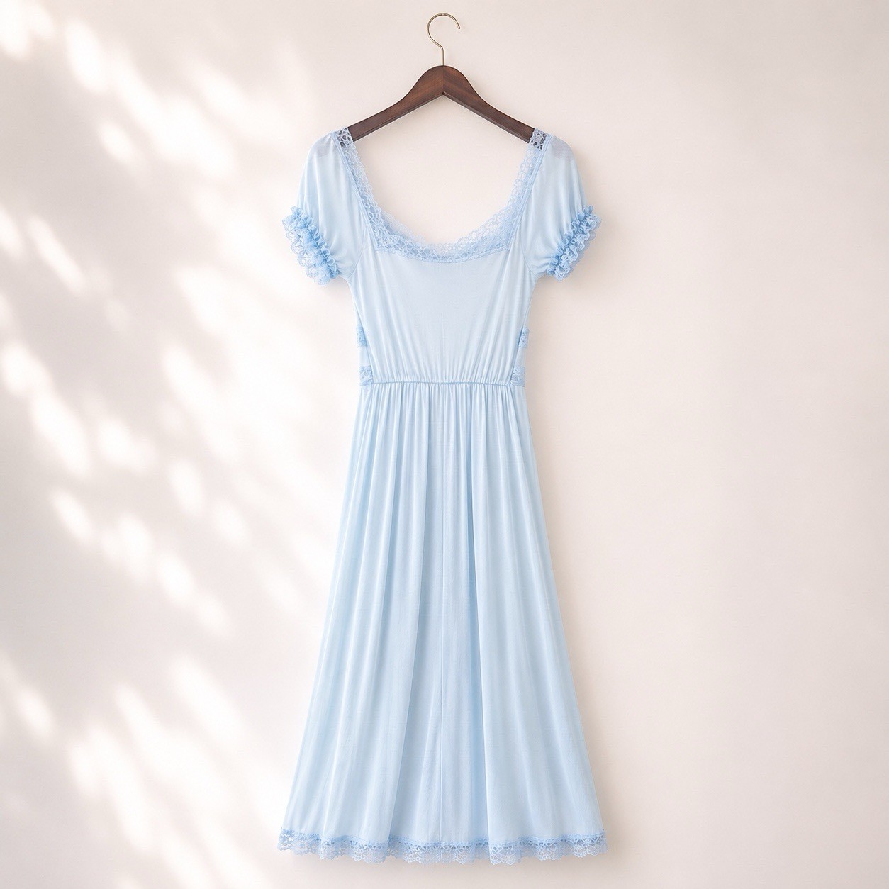 Vintage Charmode Blue Acetate Tricot Nightgown Lace Maxi Gown 32 USA