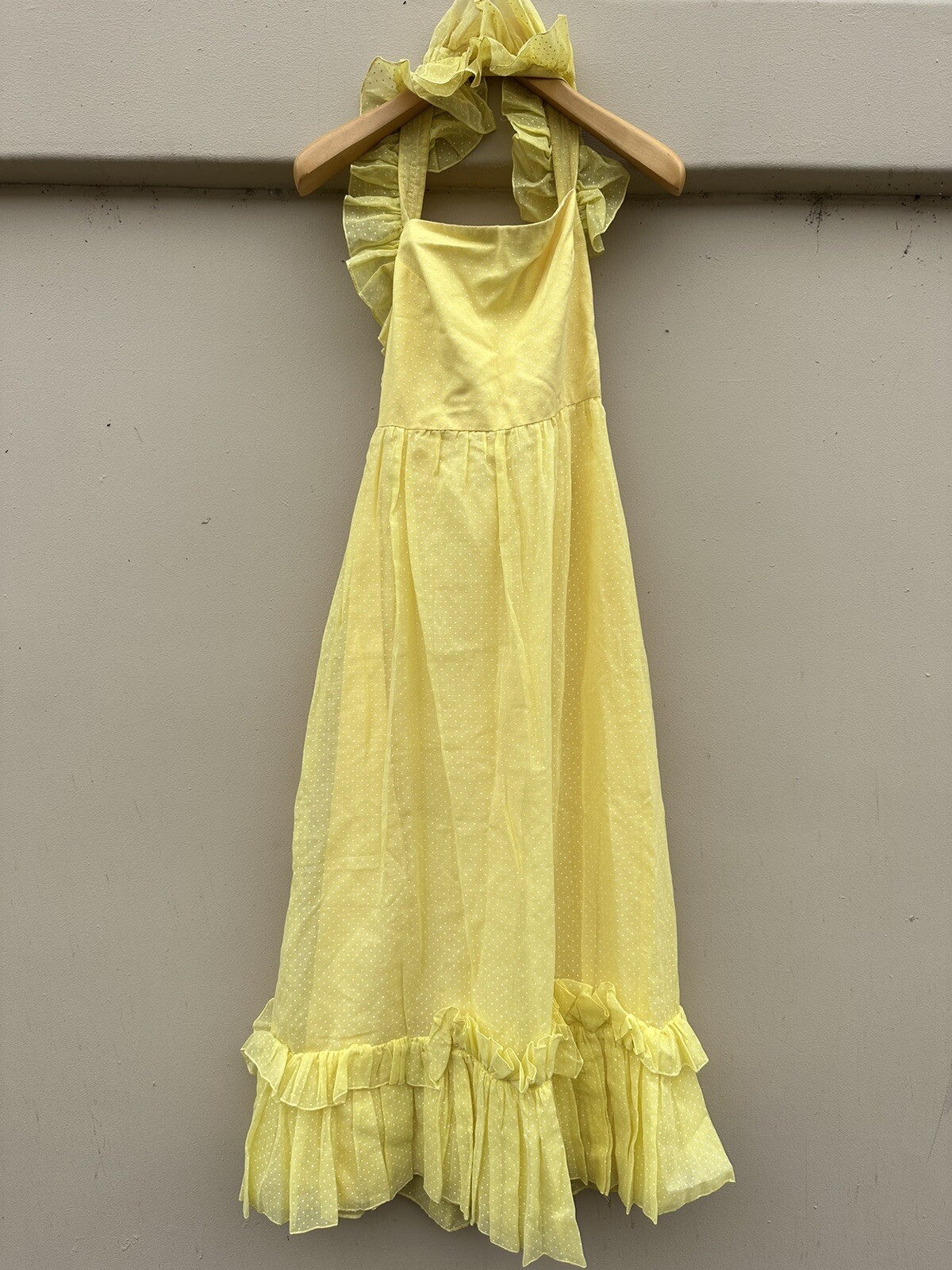 Vintage Lilli Diamond VTG Yellow White Polka Dot Halter Sleeveless Maxi Dress