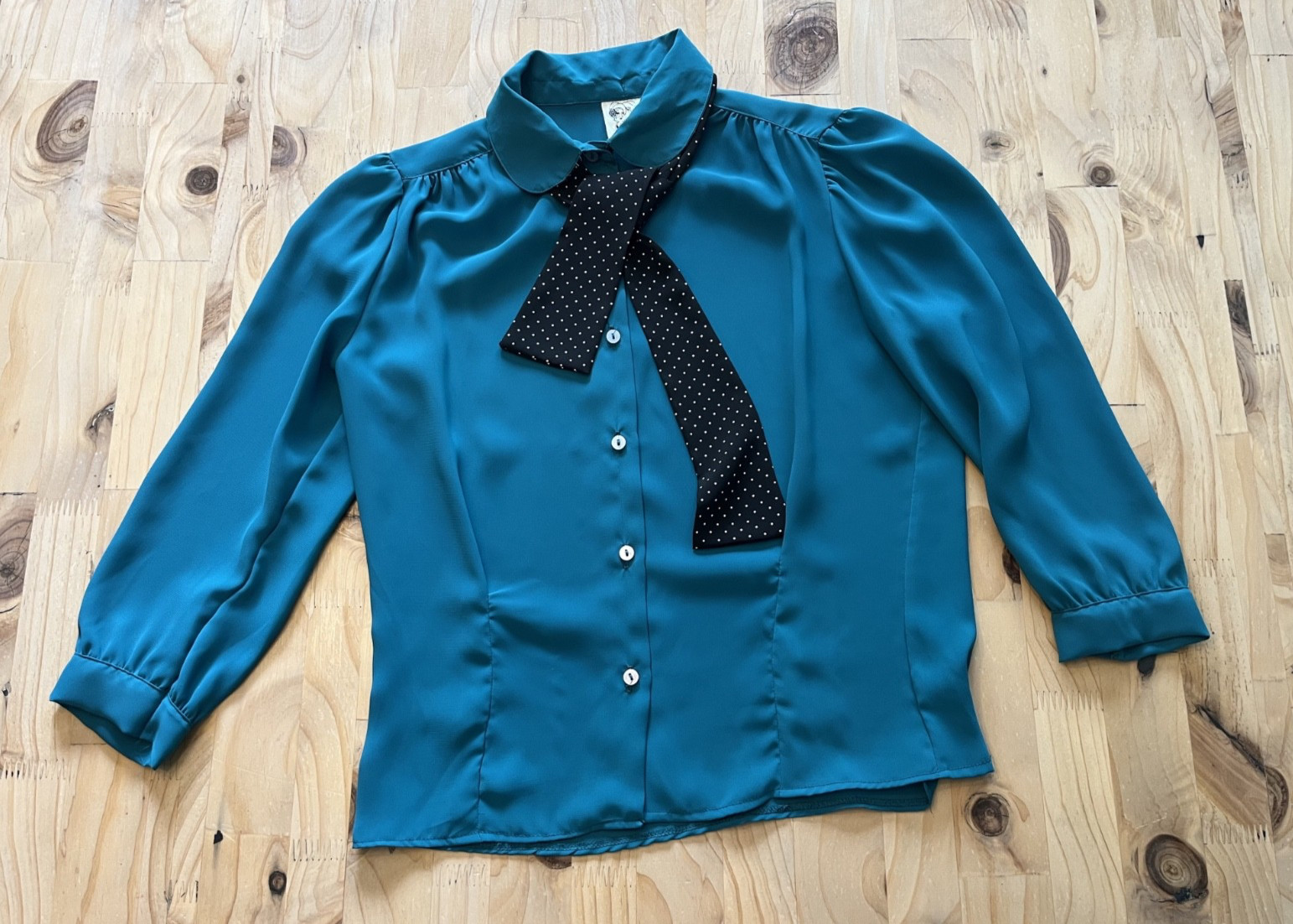 Vintage You Babes Long Sleeve Top Blue with black and white polka dot tie