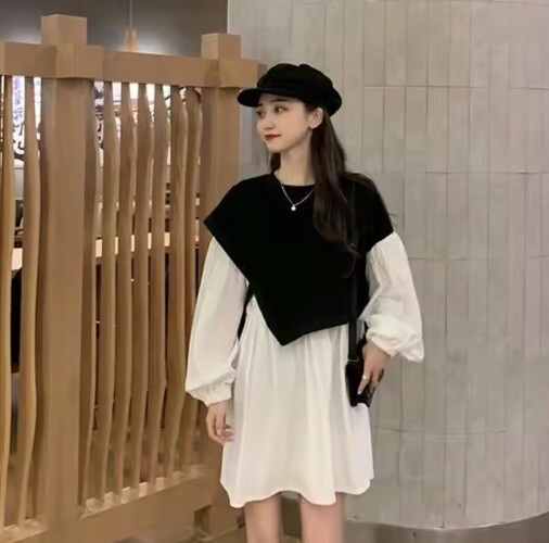 New Two Piece Patchwork Mini Dress Long Sleeve O-Neck+US SELLER+FREE SHIPPING