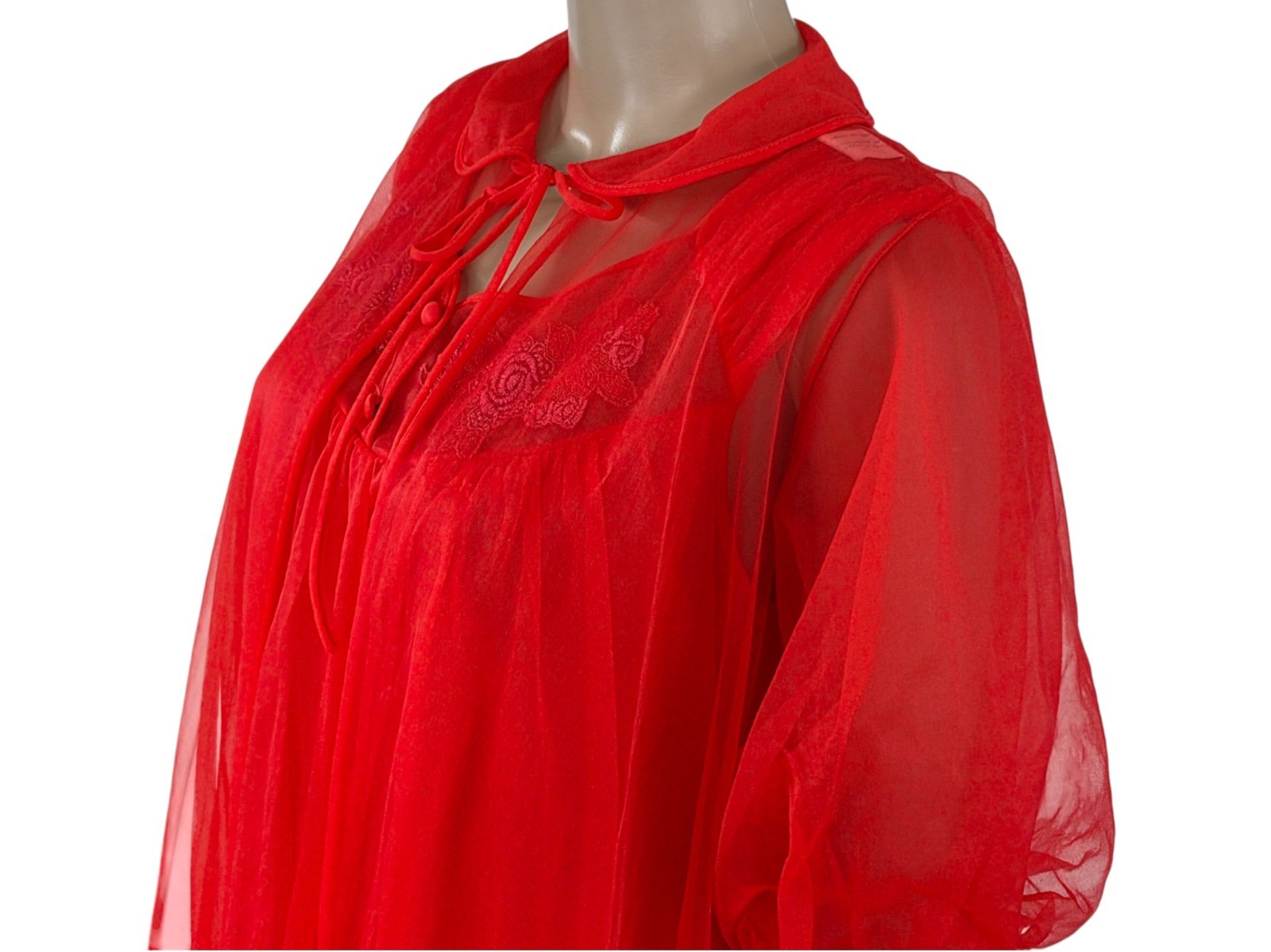 VTG Pandora by Chic Peignoir Negligee Robe & Nightgown Medium Nylon Red 2 Pc Set