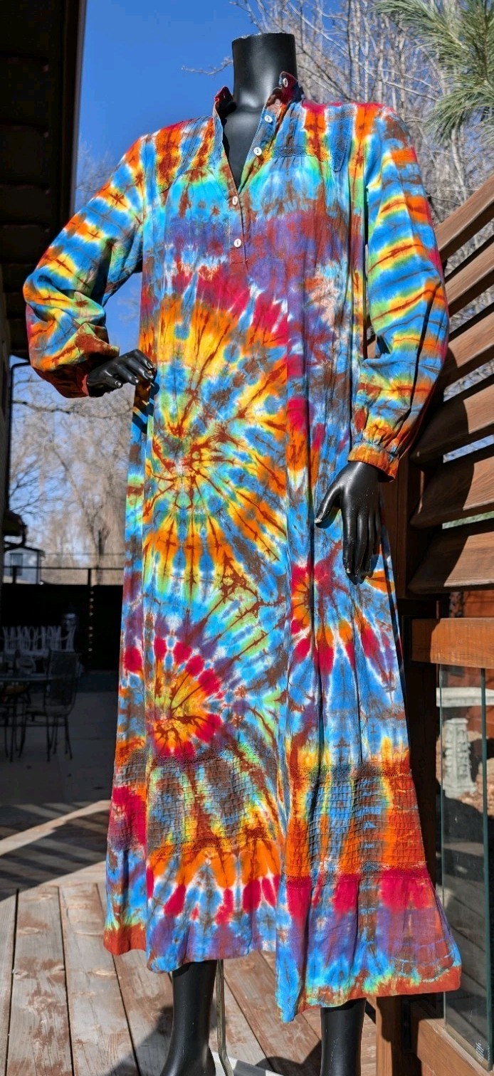 Vintage long sleeve cotton Tie Dye hippie festival dress sz L Aileen West