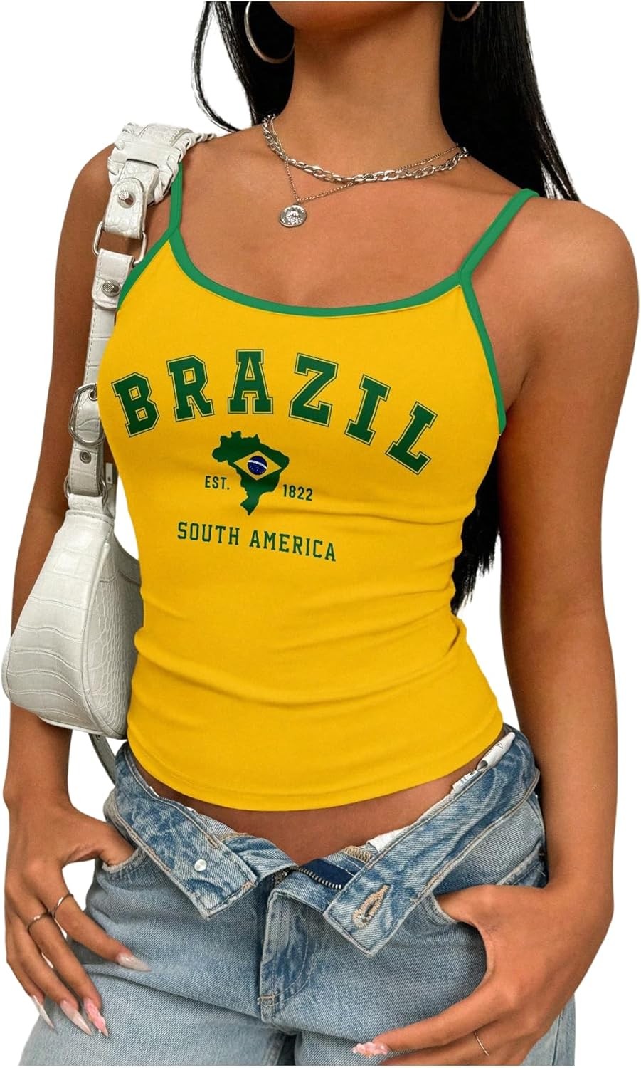 SweatyRocks Women’s Brazil Letter Graphic Cami Tank Top Y2k Contrast Binding Fit