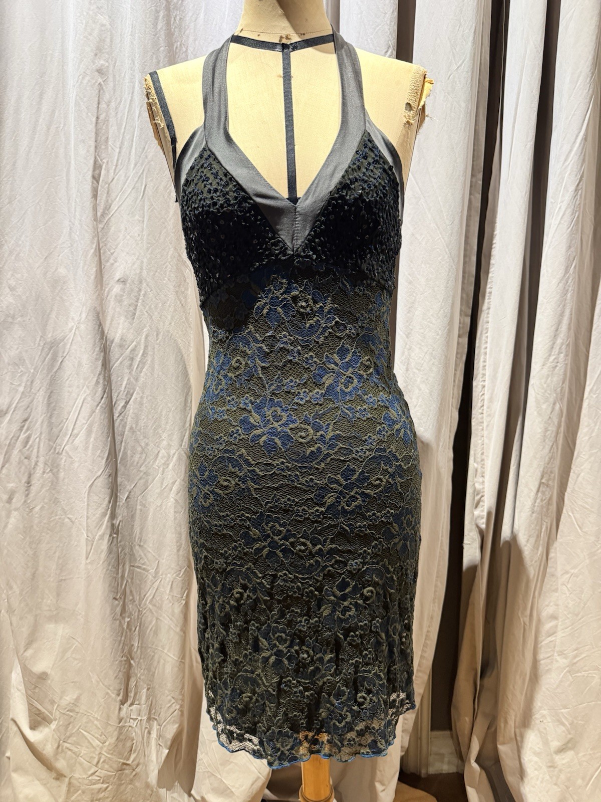 Ann Ferriday VTG Silk Trimmed Crossdye Lace Halter A Line Dress S/M