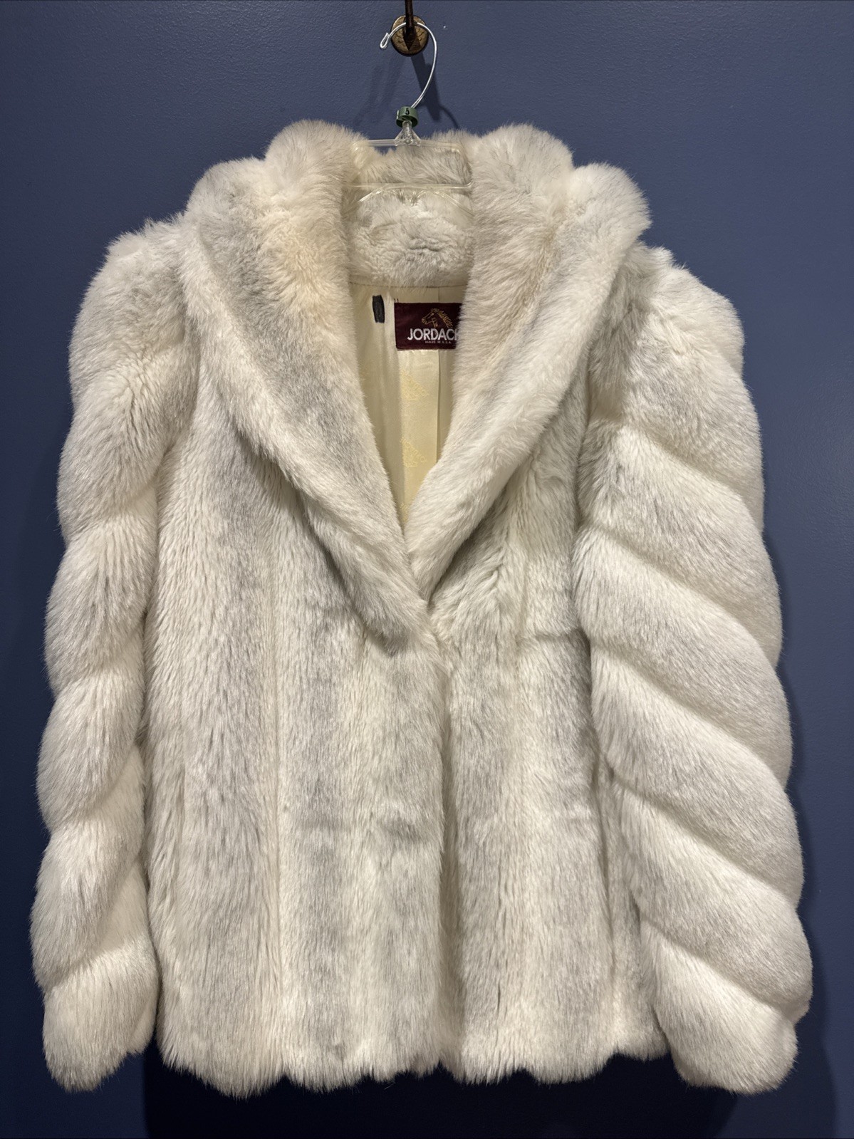 Large Vintage Jordache Faux Fur Coat Cream Ribbed Mid Length Jacket Women’s USA