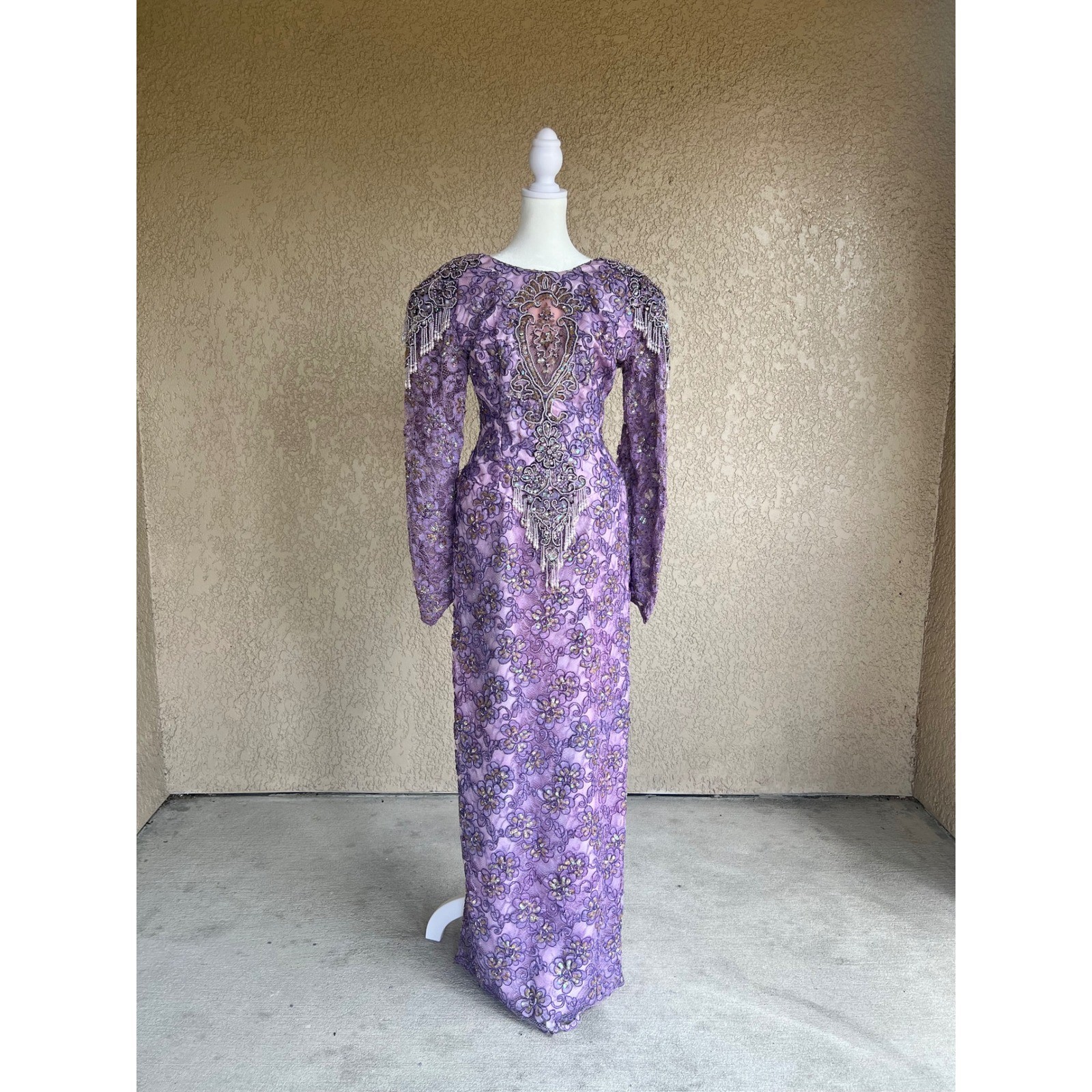 Vintage 80s Lavender Dyed Lace Wedding Gown Beaded Fringe Bustle Prom Dress