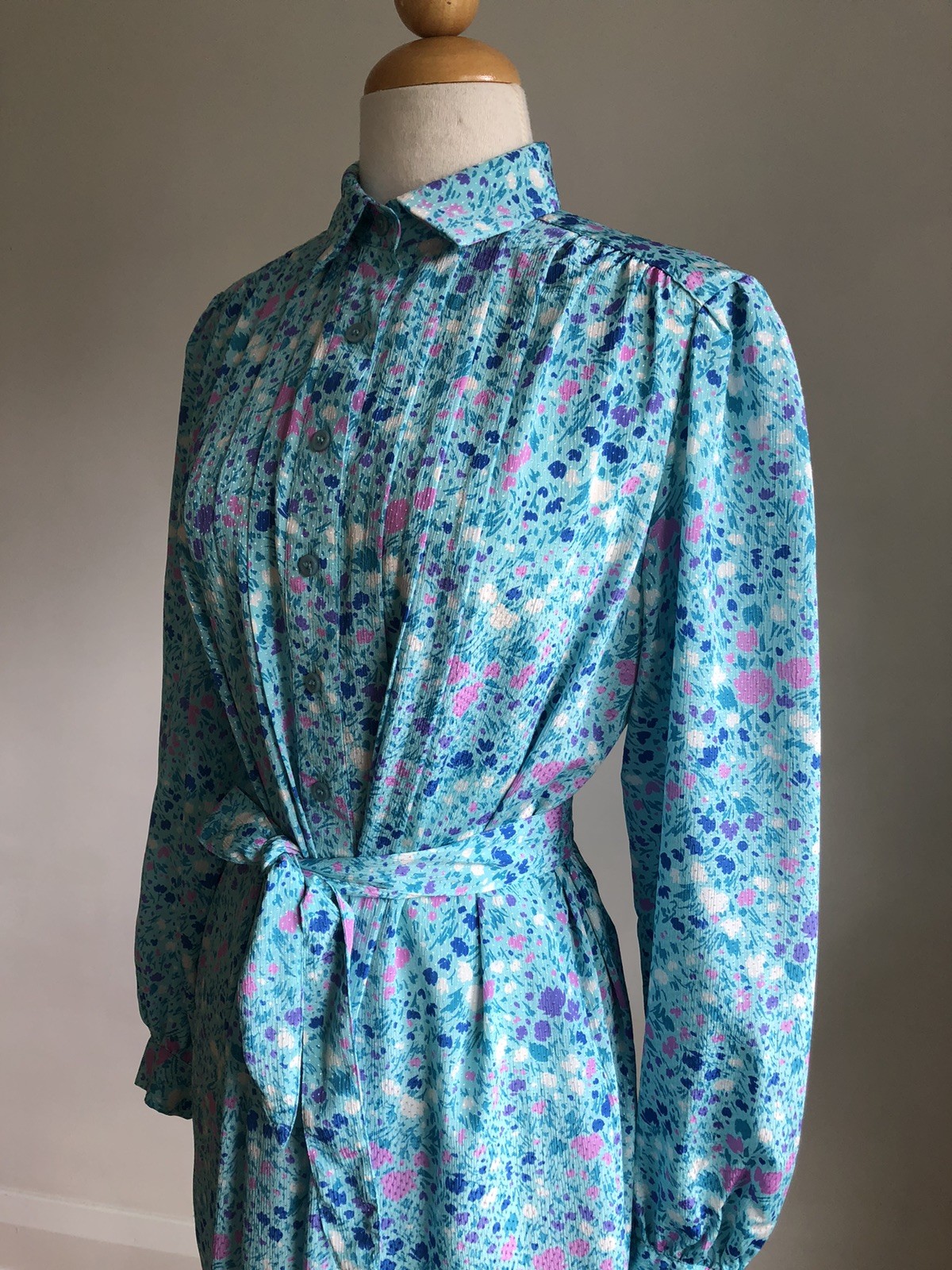 BEAUTIFUL VTG SCHRADER SPORT New York Blue Floral Silky Button-up Midi Dress 10