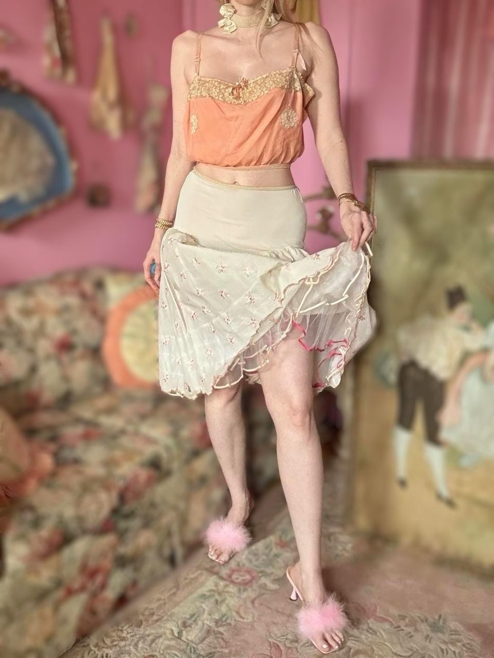 Vintage 1950s Ivory & Pink Embroidered Crinoline Slip Skirt, Size M-L, W 28”-34”