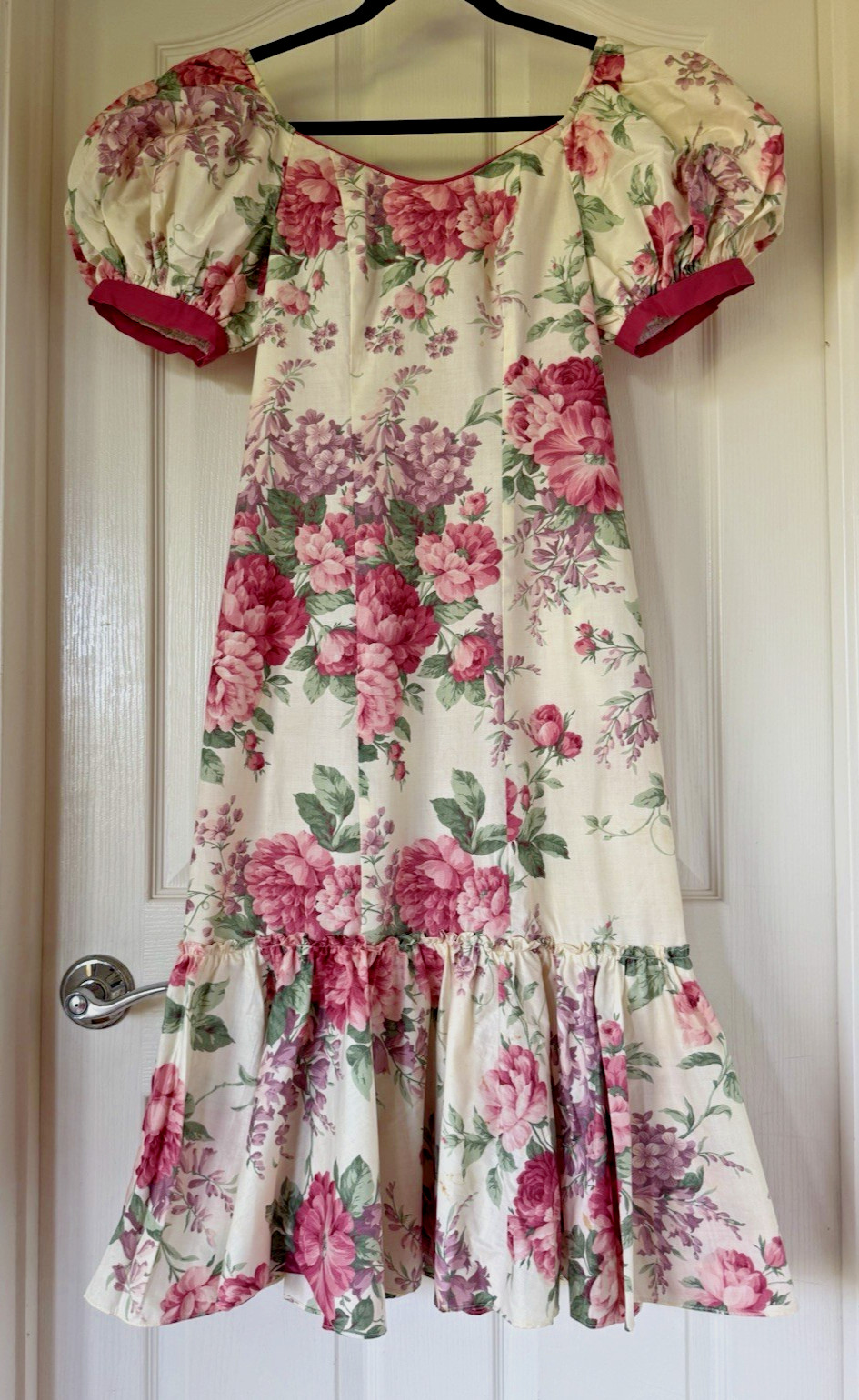VTG 80’s Hawaii Lola Jrs Women’s Floral Roses/Lilacs Ruffle Midi/ Tea Dress Sz 7