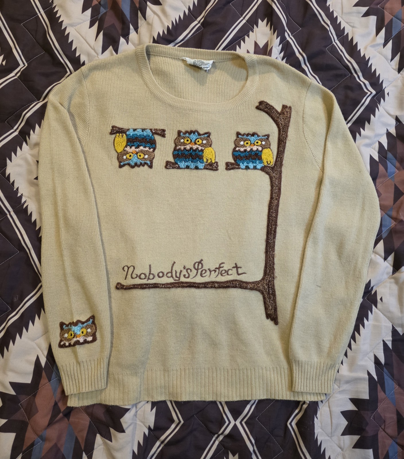 Vtg 70s Cyn Les Nobody’s Perfect Owls Embroidered Sweater Beige Womens Large