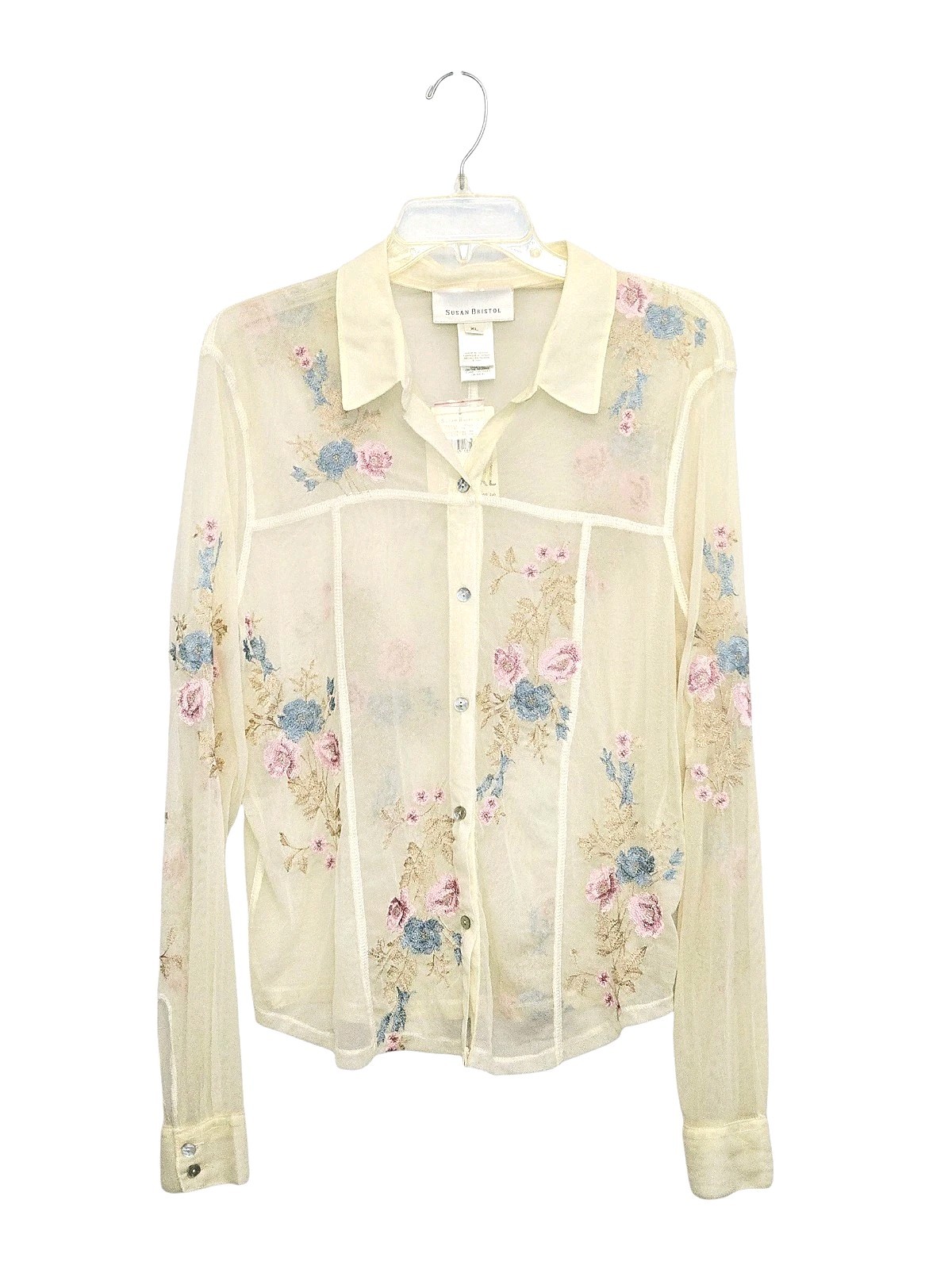 NWT Vintage Susan Bristol Natural Mesh Blouse Emroidered Floral Size XL NICE