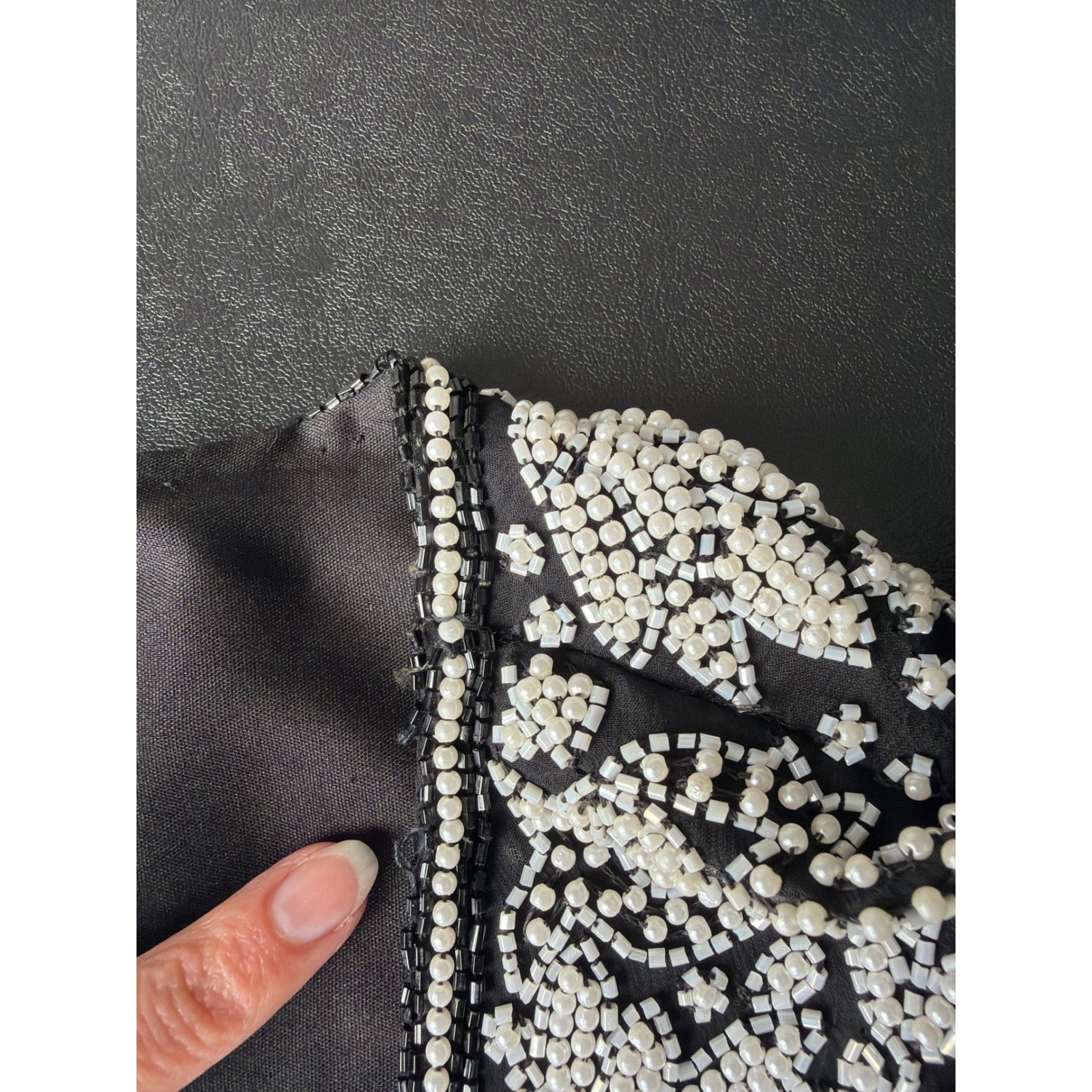 Vintage 80s Laurence Kazar Beaded Silk Blouse Black White Floral V-Neck Top PL