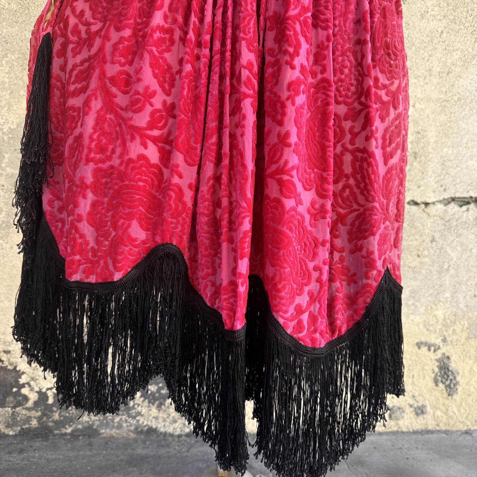 Antique 1920s Robe De Style Stage Dress Pink Devore Velvet Fringe Rhinestone VTG