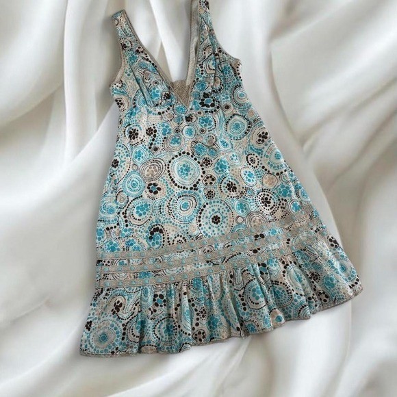 Free People teal polka dot graphic lace mini dress Y2K vintage fairy boho