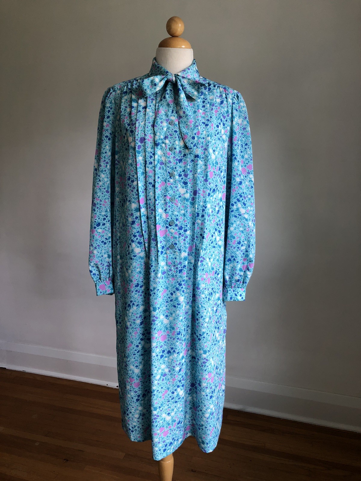 BEAUTIFUL VTG SCHRADER SPORT New York Blue Floral Silky Button-up Midi Dress 10