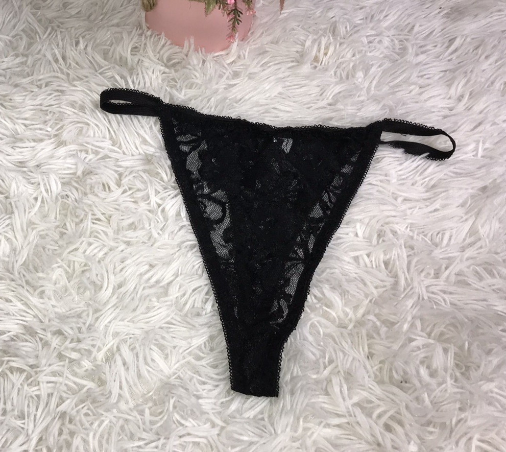 Women’s Lace Sz Large Floral Thong String Panties Black Strappy Underwear