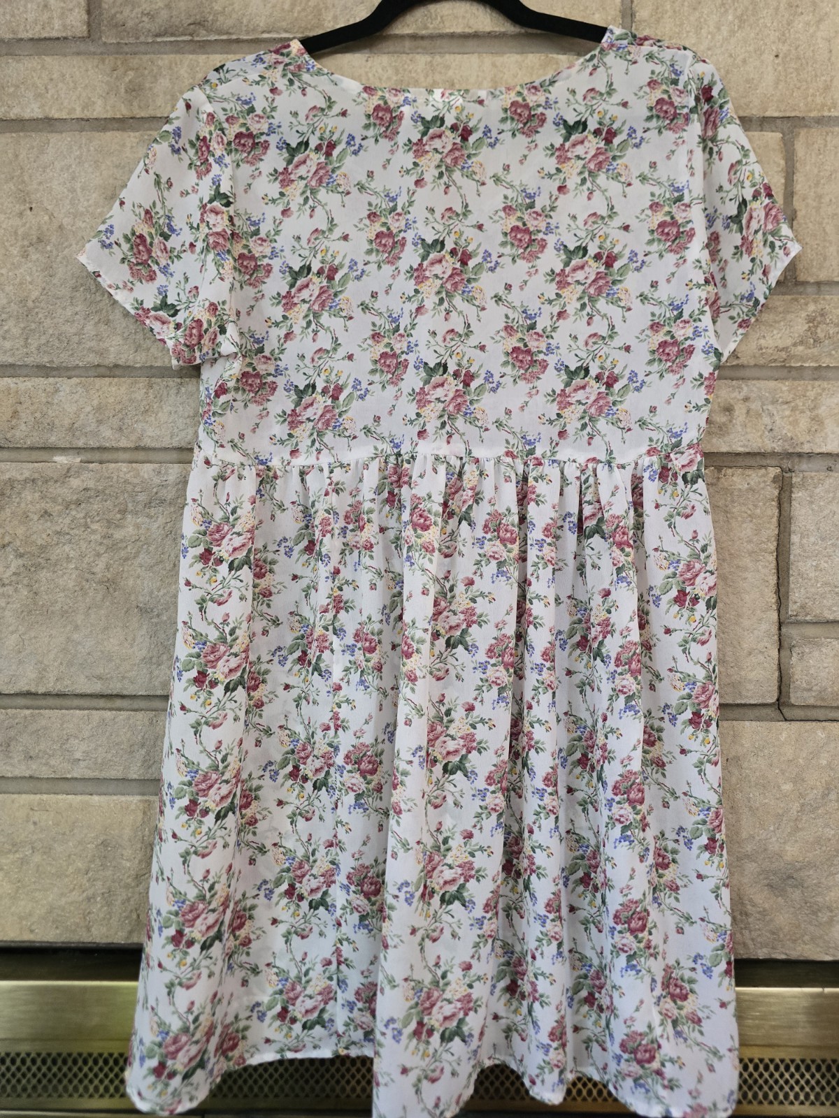 Vintage 90s Bonjour Floral Babydoll Dress Button V-Neck, Made in USA, M