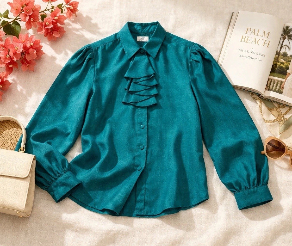 Vintage Teal Ruffle Jabot Blouse Size 10 Victorian Secretary Dark Academia Top